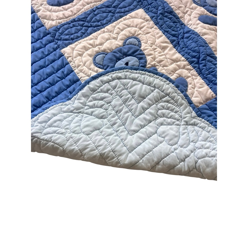 Vintage Blue Teddy Bear Baby Quilt Scalloped Edge Nursery Blanket Heart Quilting - Picture 2 of 3
